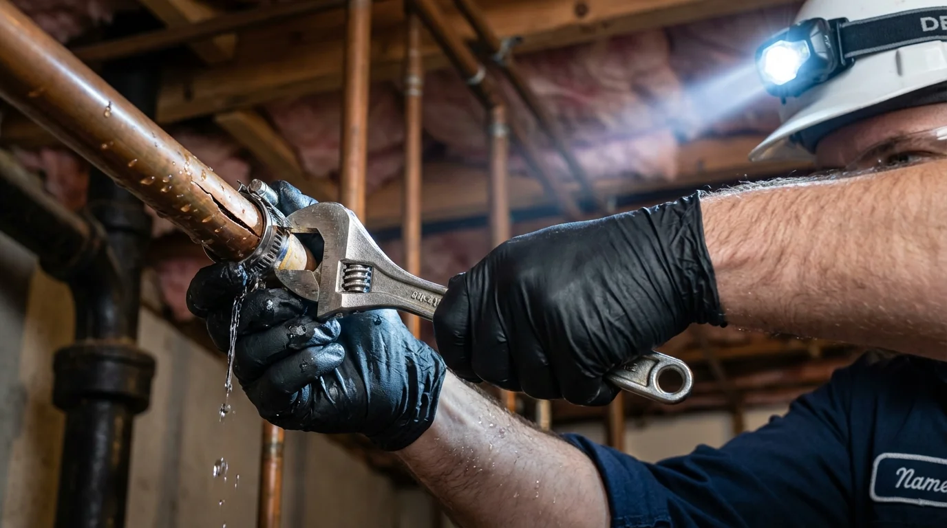 Emergency pipe clamp repair being performed by a Johns Plumbing LLC plumber in Blakely