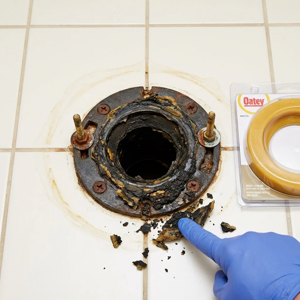 Failed wax ring showing water seepage at the base of a toilet in a Blakely, GA home